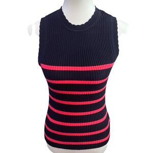Free Assembly Womens Navy Hot Coral Striped Ribbed Knit Sleeveless Crew Top M